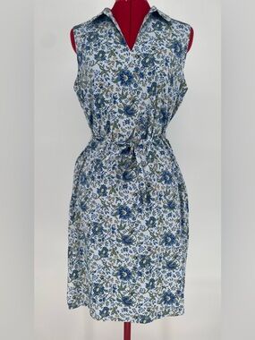 90s / Y2K Talbots Spring Blue Floral Sleeveless V-neck Belted Shift Dress
